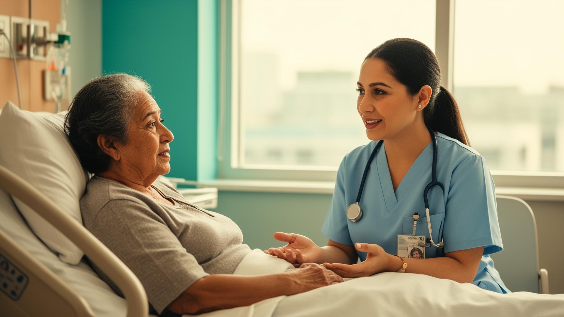 A nurse in blue scrubs speaking compassionately with an older Hispanic patient at the hospital bedside.